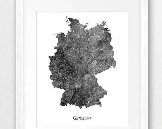 Germany Map Print Poster Wall Art Watercolor Grey Black White Home Office Decor Travel