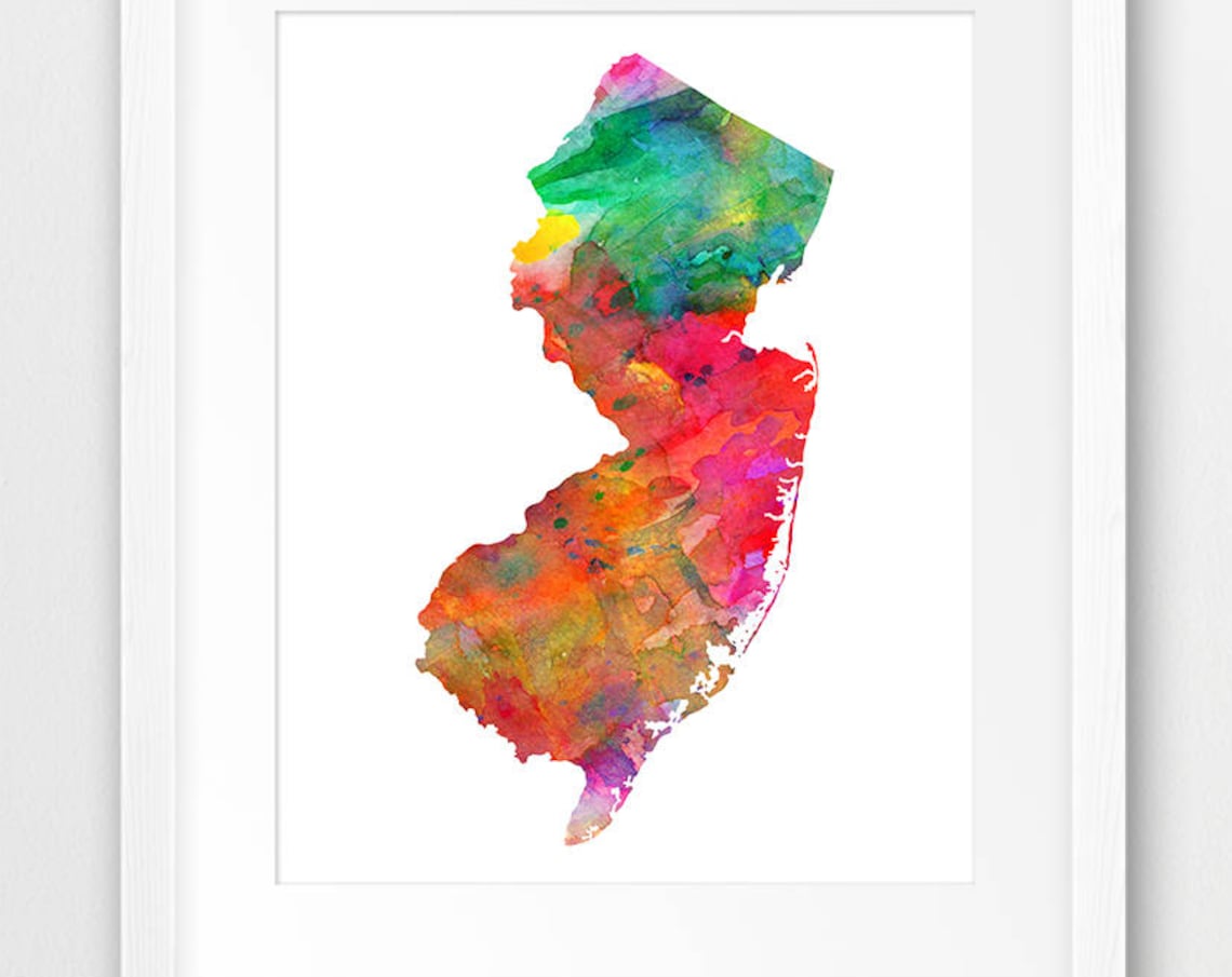 New Jersey State Map Silhouette, Watercolor Poster