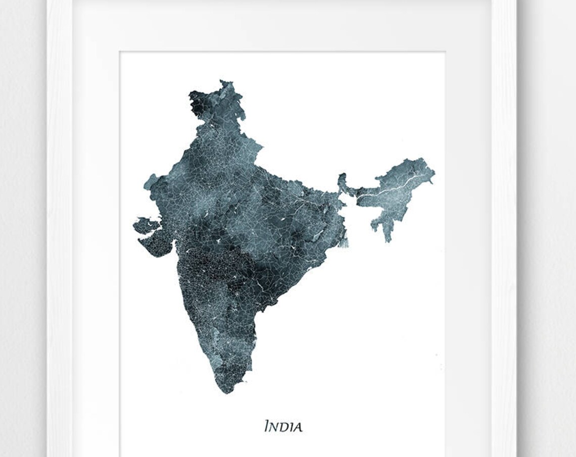 India Map Watercolor Poster, Indigo Blue Travel