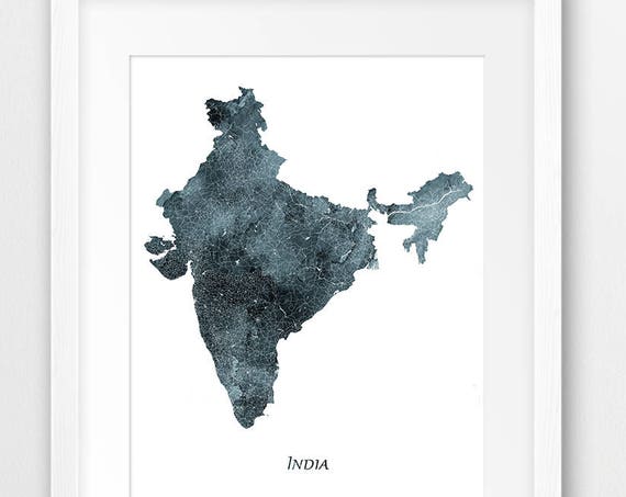 India Map Watercolor Poster, Indigo Blue Travel