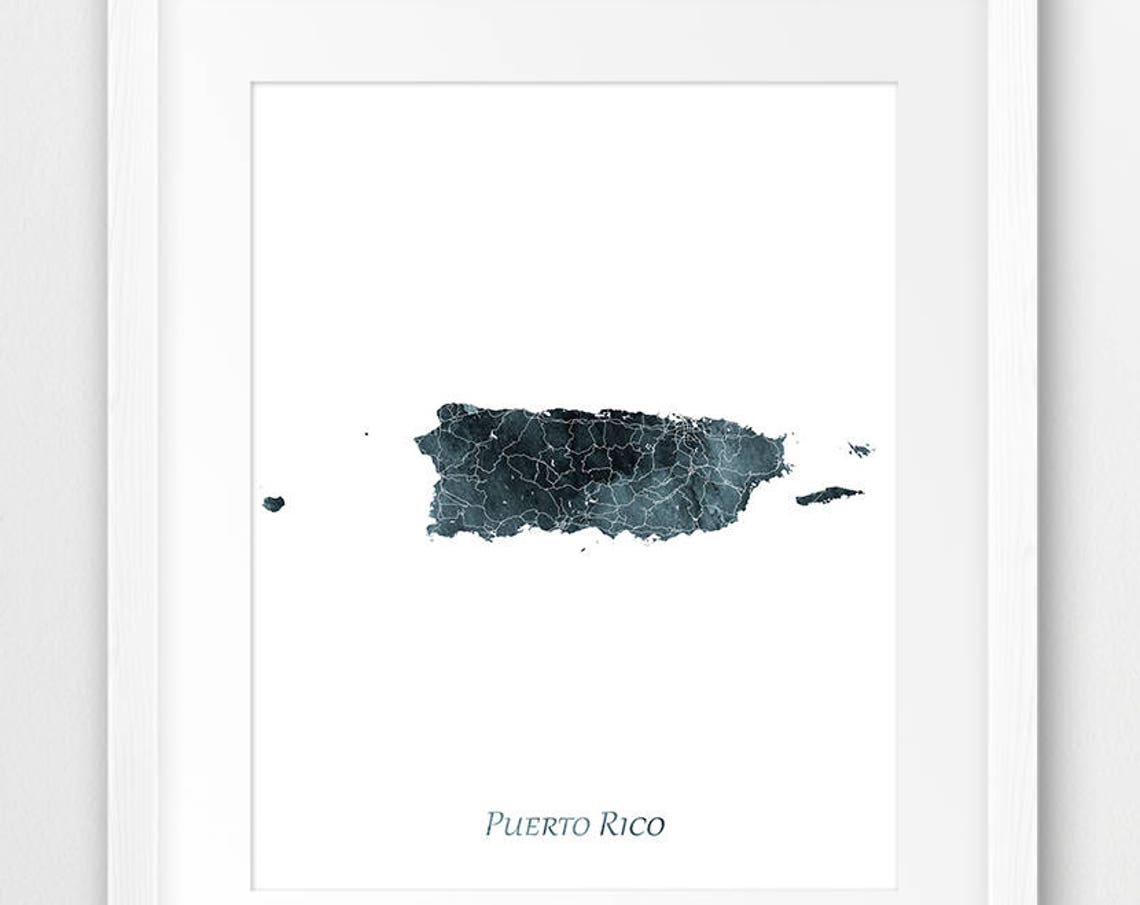 Puerto Rico Watercolor Map Art Print Dark Teal Island Silhouette