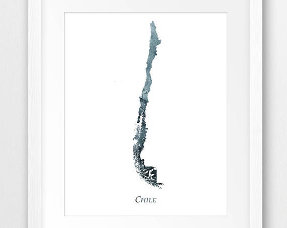 Chile Map Print Watercolor Wall Art Indigo Blue Home Office Decor Travel Poster