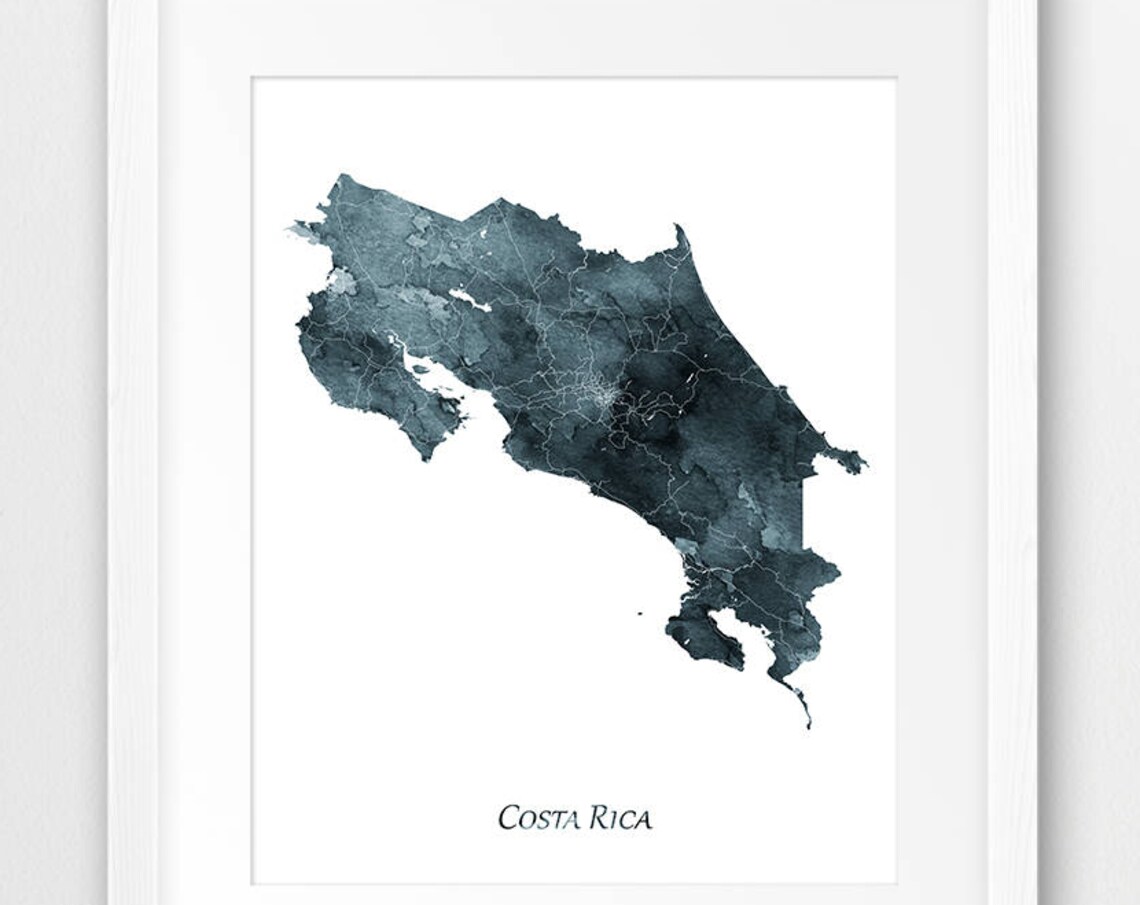 Costa Rica Map Watercolor Poster Indigo Minimalist Tropical Art