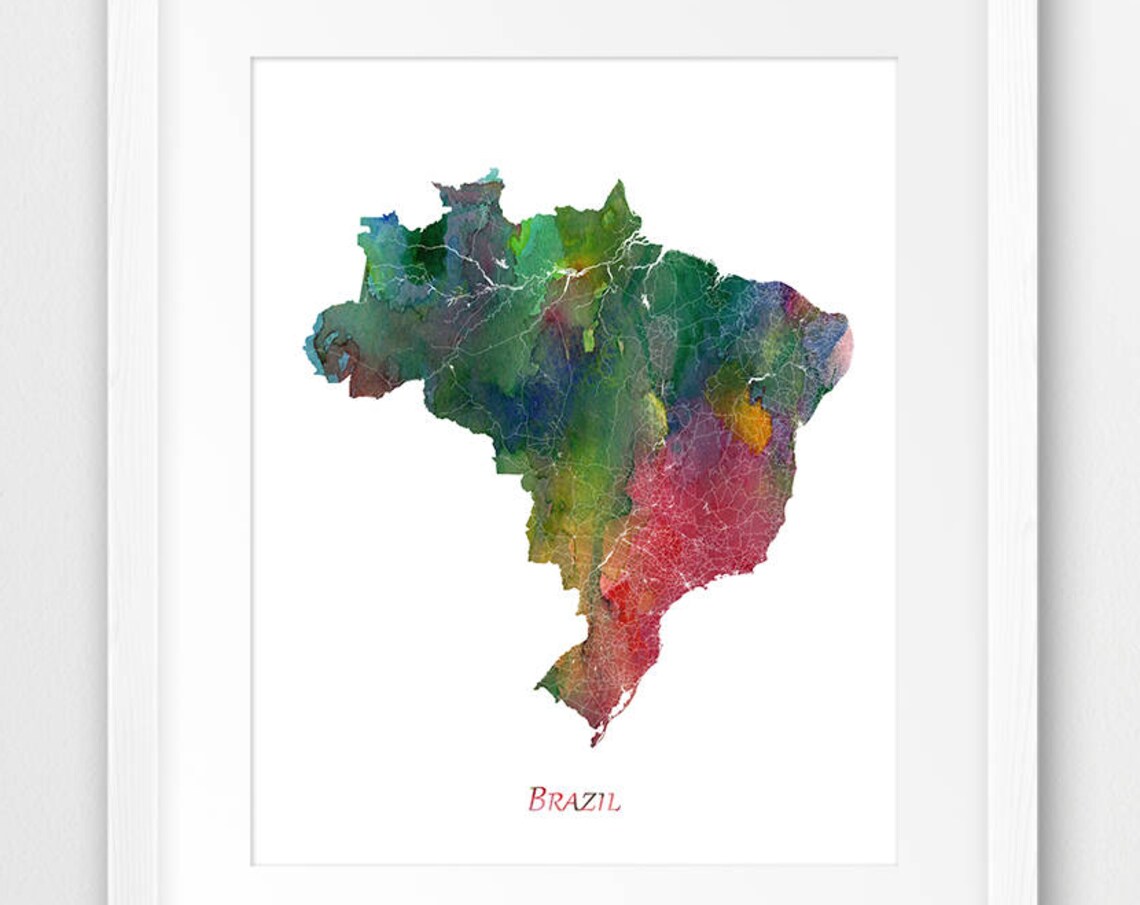 Brazil Colorful Watercolor Map Bold Vibrant South America Travel Poster