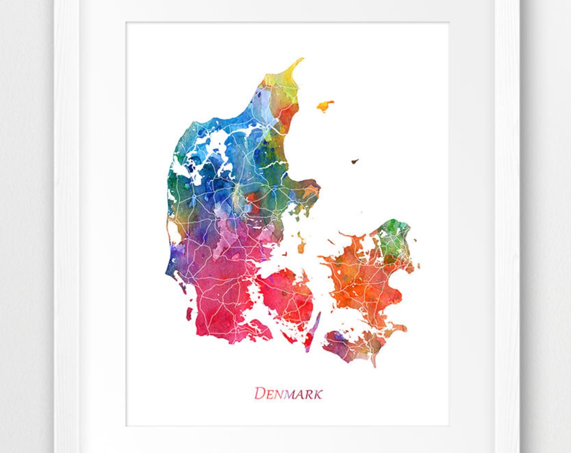 Denmark Colorful Watercolor Country Map Modern Style Art Poster