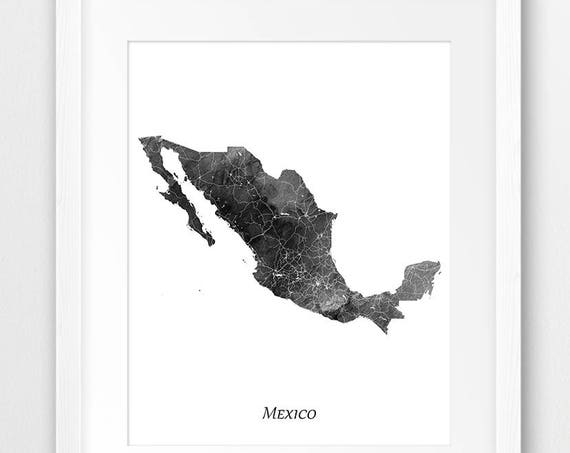 Mexico Map Poster Watercolor Wall Art Grey Black And White Home Decor