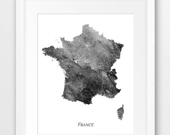 France Map Print Watercolor Poster Wall Art Grey Black White Home Decor Travel