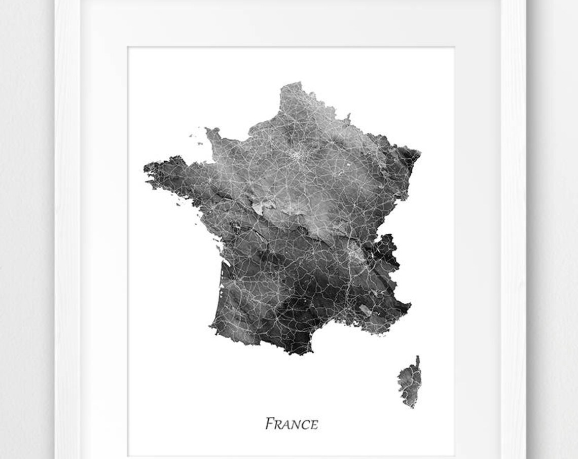 France Grey Black Watercolor Map Minimal Refined Travel Wall Poster