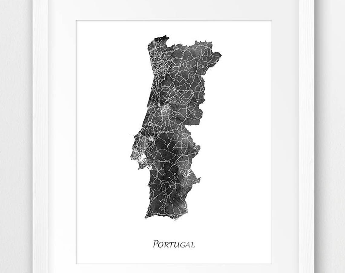 Portugal Watercolor Map Art Print Black White Country Silhouette