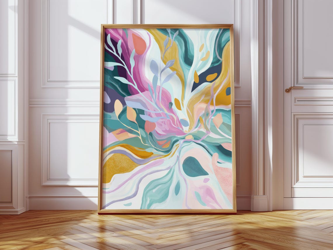 Abstract Botanical Flow Teal Pink Mustard Elegant Art Poster