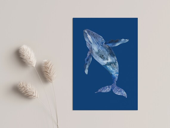 Humpback Whale Watercolor Navy Background Mandala Ocean Art Poster
