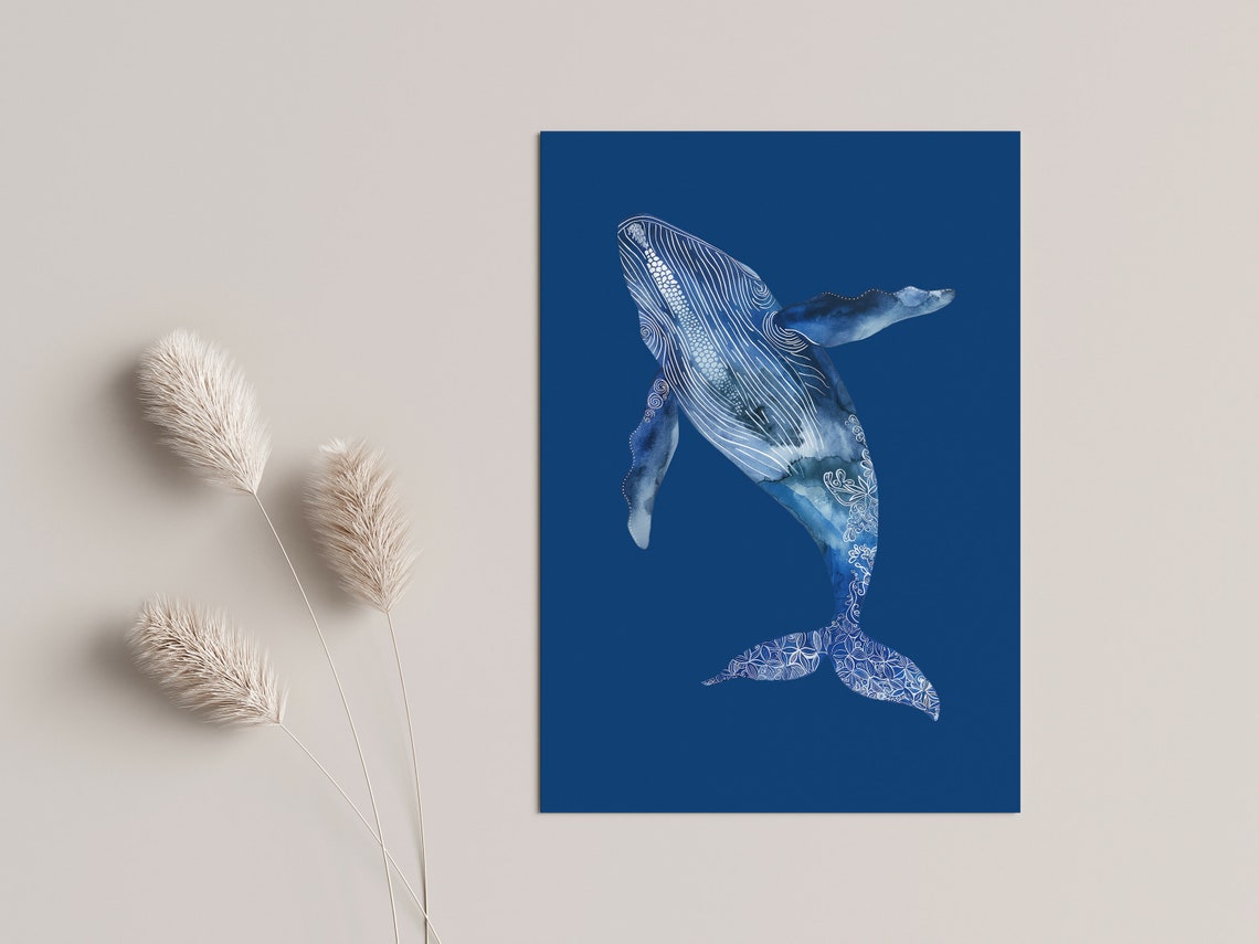 Humpback Whale Watercolor Navy Background Mandala Ocean Art Poster