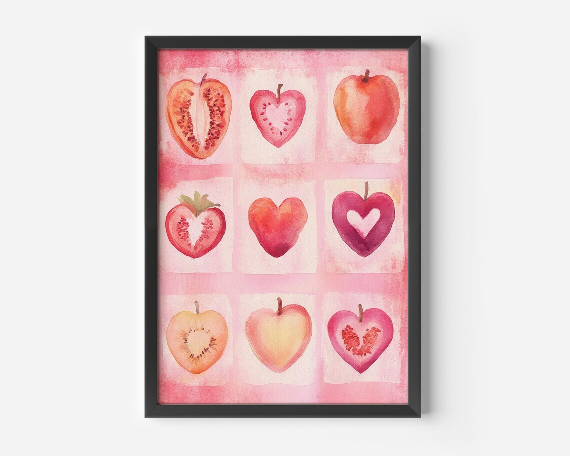 Pink Watercolor Heart Fruits Grid Strawberry Kiwi Kitchen Wall Art