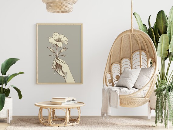 Vintage Living Room Decor Scandinavian Poster Hand Flower Nature Illustration Beige Minimalist Boho Style Hallway Art Print