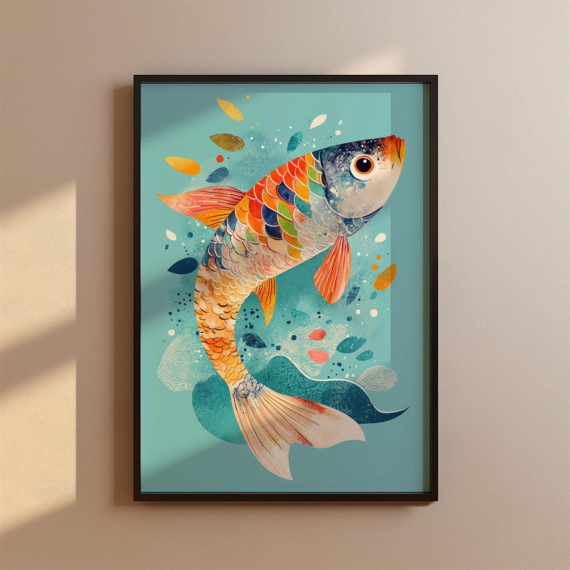 Colorful Rainbow Koi Fish Teal Watercolor Ocean Illustration Poster