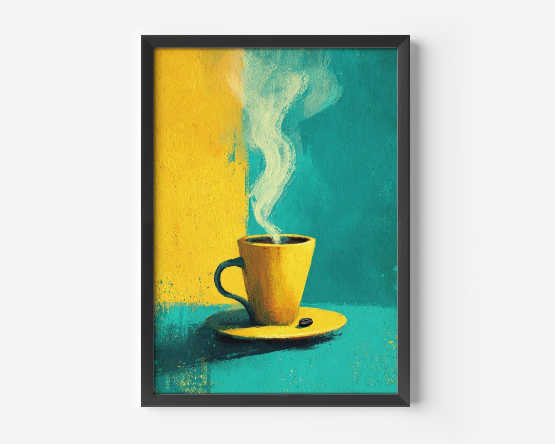 Bold Yellow Coffee Cup Painting Turquoise Abstract Kitchen Art Print
