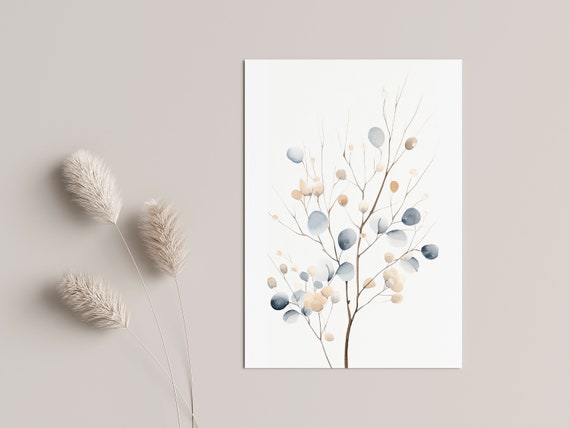 Minimalist Living Room Artwork Scandinavian Nature Decor Beige Blue Branch Illustration Elegant Wall Art For Hallways And Offices