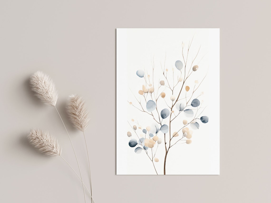 Minimalist Watercolor Branch With Blue And Beige Leaves Poster