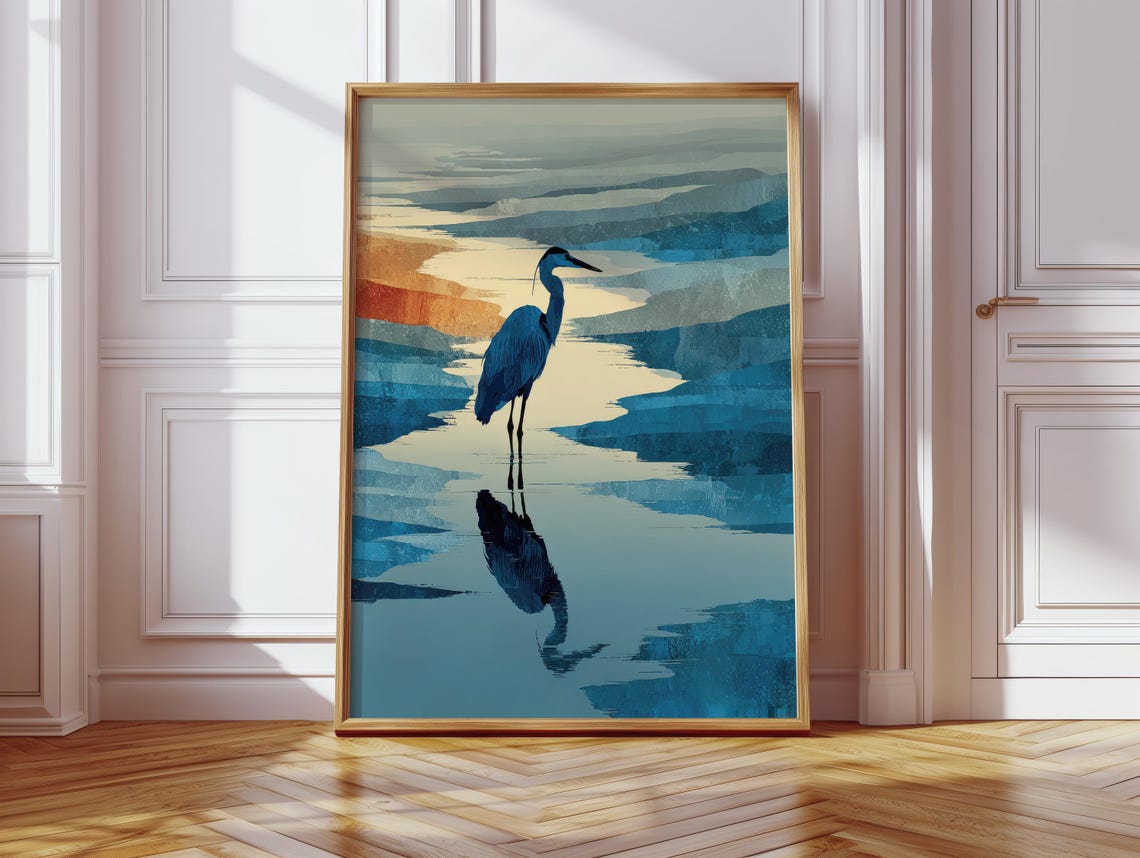 Blue Heron at Sunset Standing in Teal Water Wildlife Art Poster