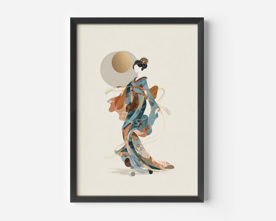 Modern Geisha Illustration Abstract Woman Blue Brown Boho Style Poster