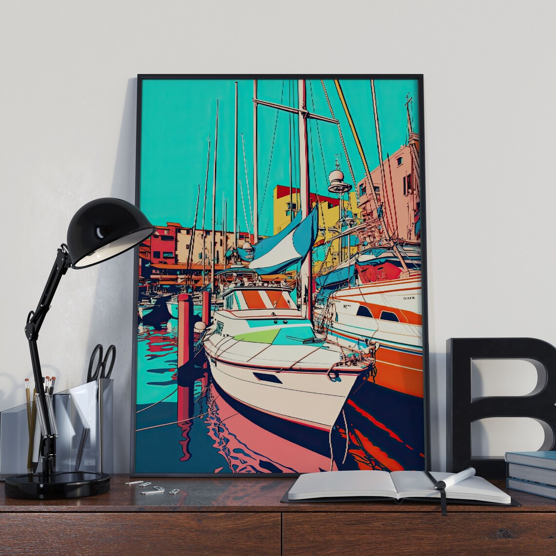 Colorful Pop Art Harbor Sailboats Turquoise Water Marina Wall Art