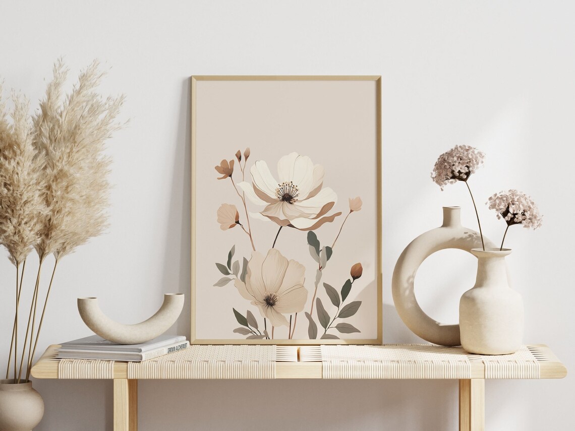 Minimalist Beige Floral With White Anemones Modern Scandi Wall Poster