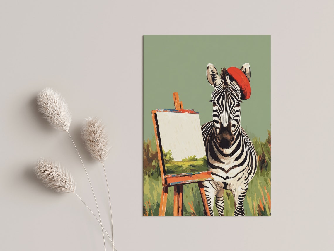 Zebra Artist Red Beret Easel Whimsical Animal Painting Art Poster