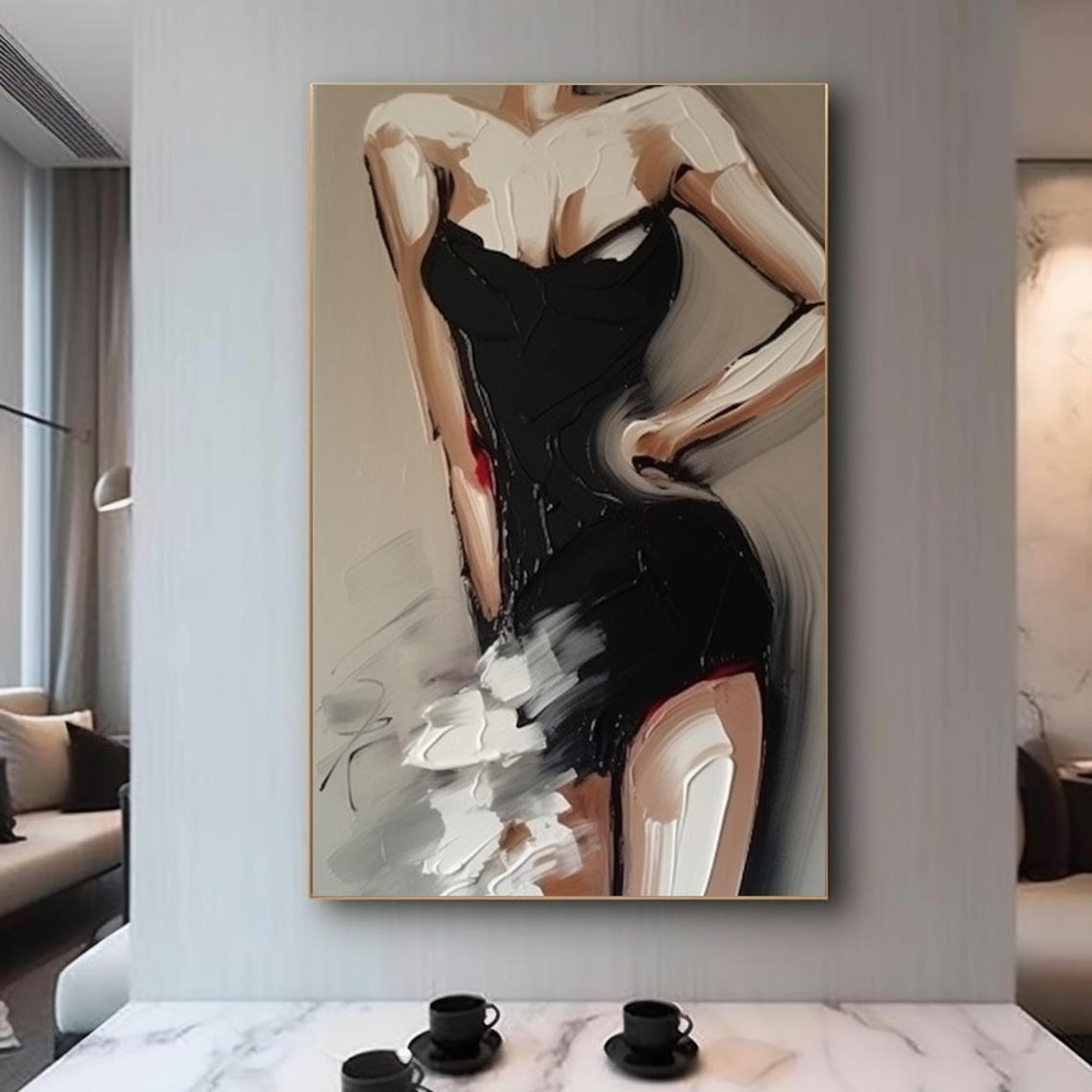 Woman in Black Dress Back View White Floral Detail Art Poster - Image 2