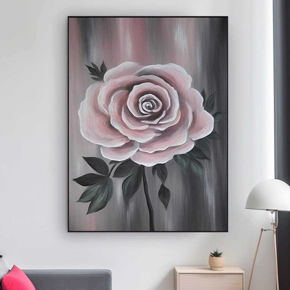 Single Pink Rose Bloom On Dark Gray Background Dramatic Floral Print - Image 2