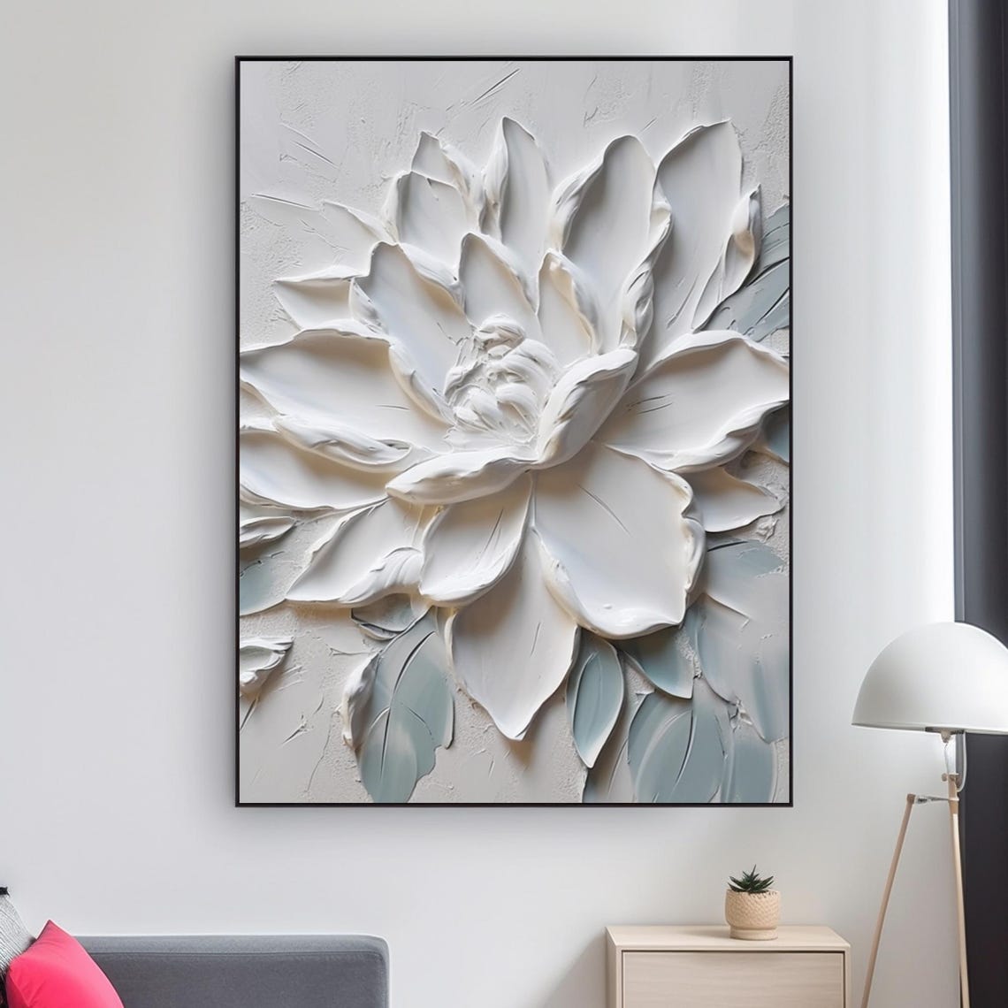 Large White Textured Bloom on Pale Blue Gray Floral Art Poster