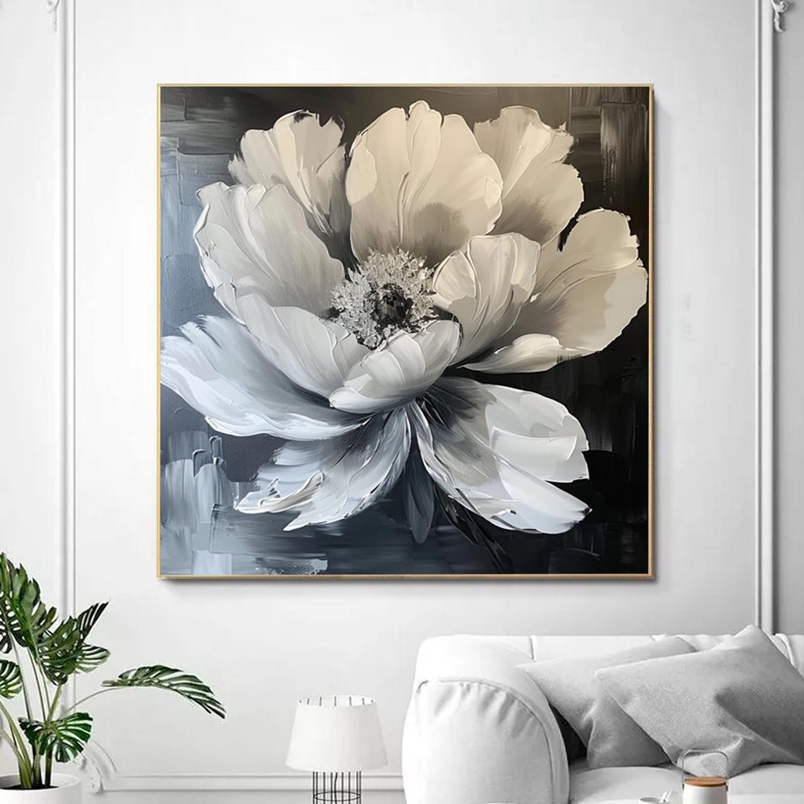 Large White Flower on Dark Navy Gold Frame Floral Art Poster
