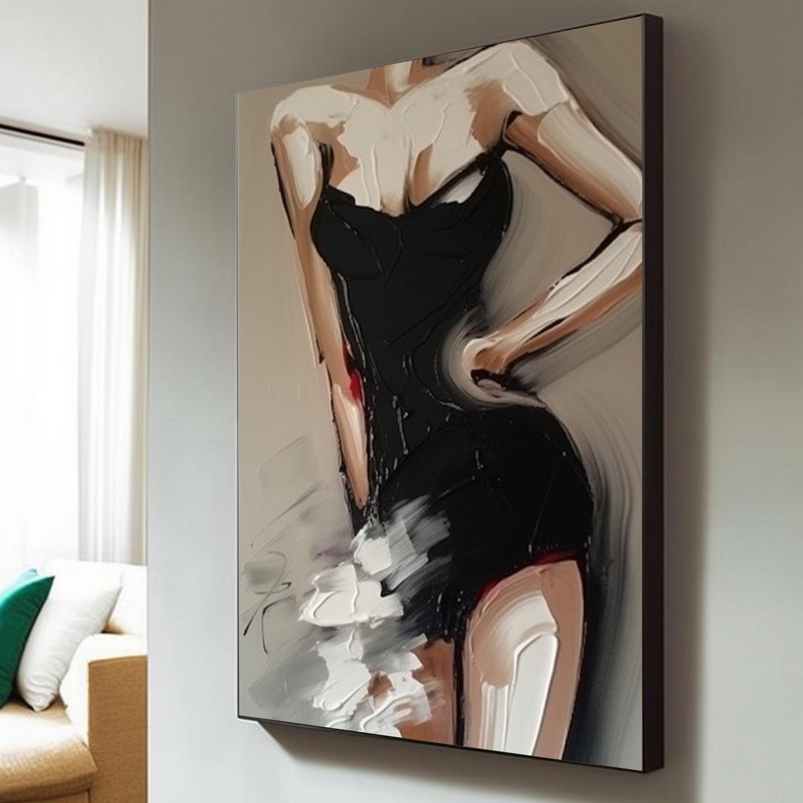 Woman in Black Dress Back View White Floral Detail Art Poster - Image 5