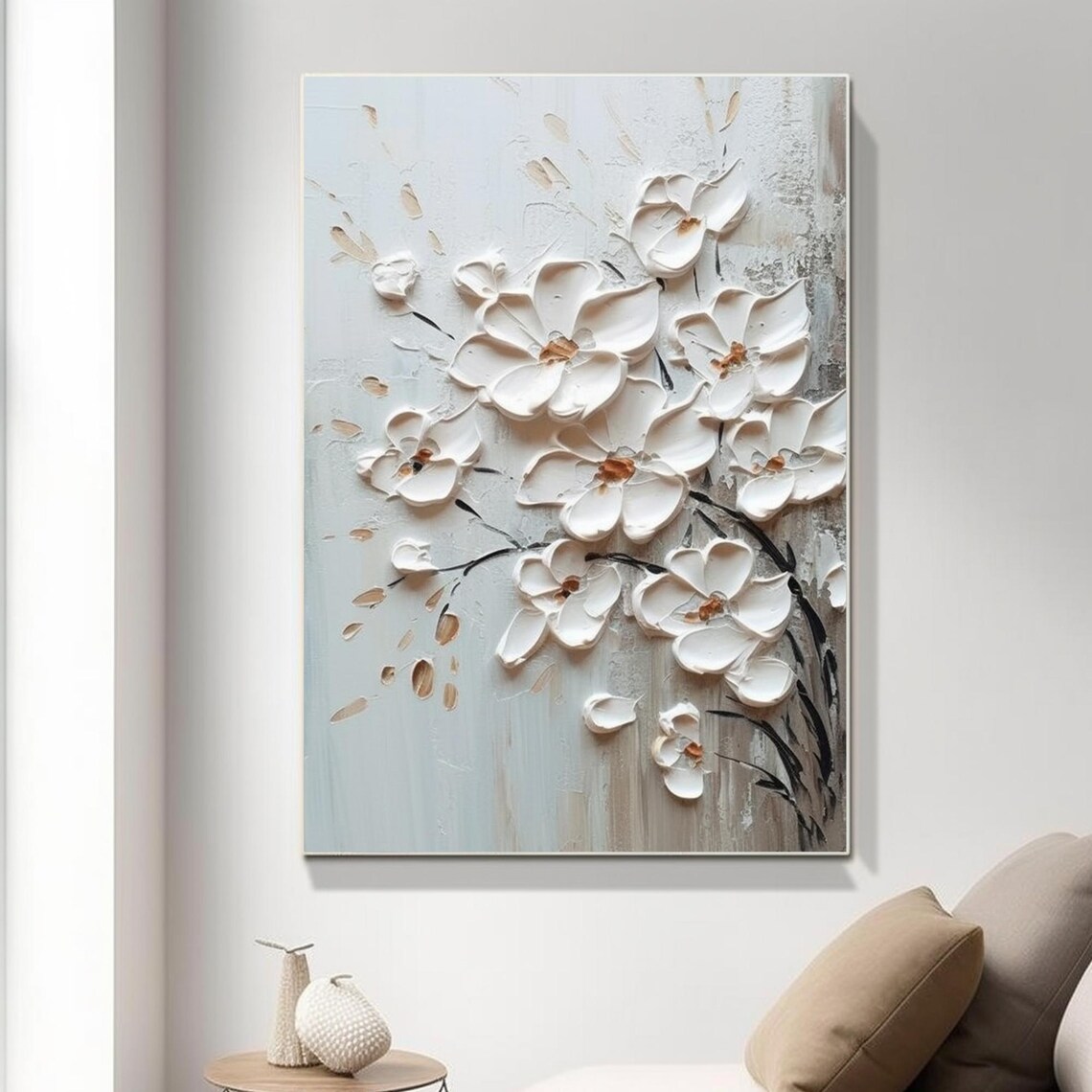 White Blossom Branch Dark Stems Pale Blue Floral Painting Art Poster