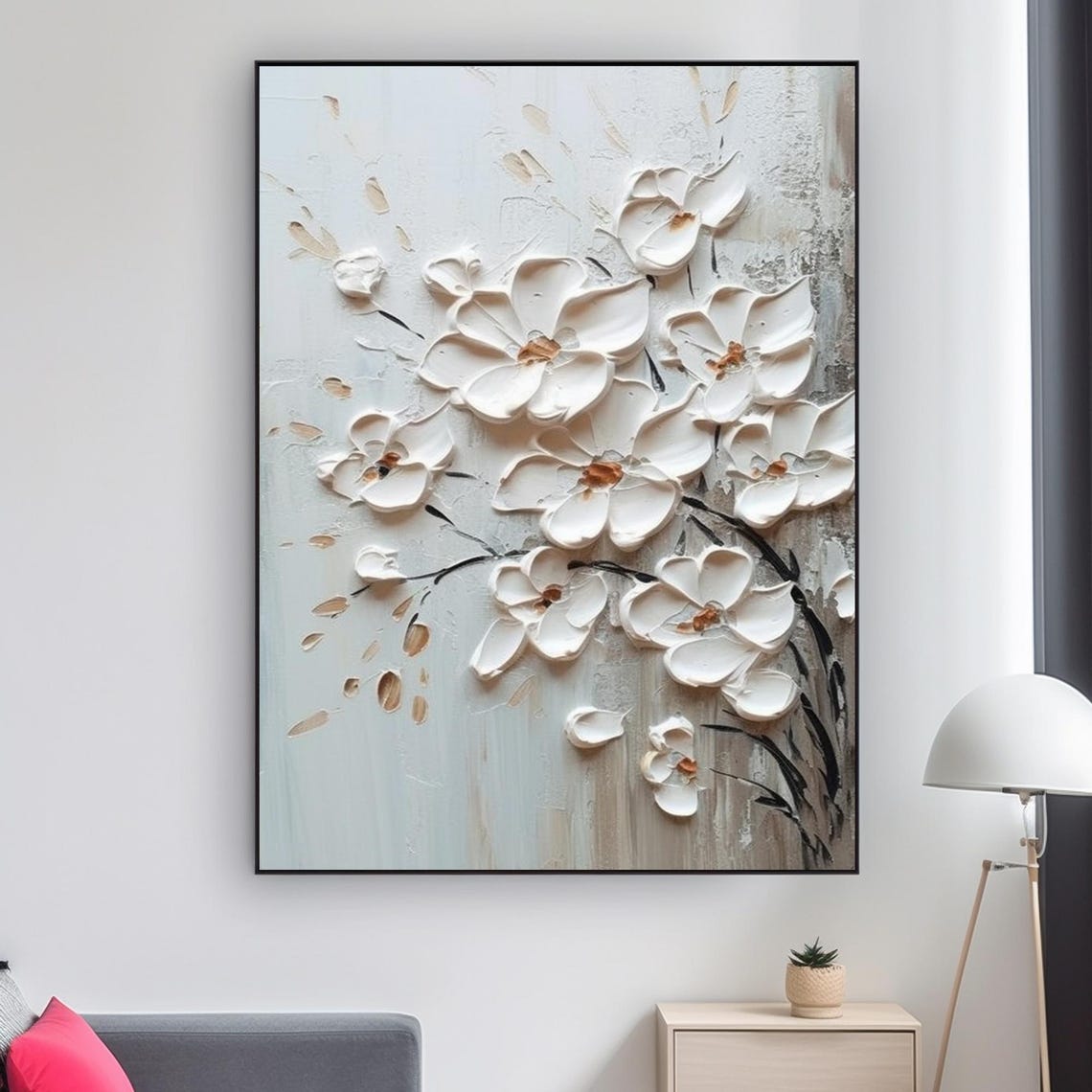 White Blossom Branch Dark Stems Pale Blue Floral Painting Art Poster - Image 2