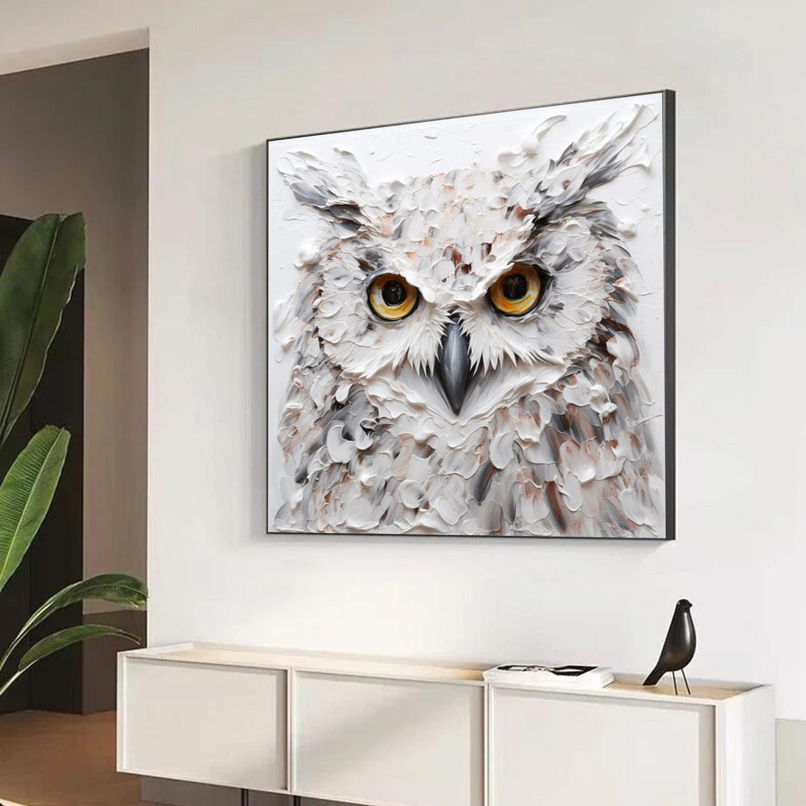 White Owl with Amber Eyes Textured Palette Knife Wildlife Poster
