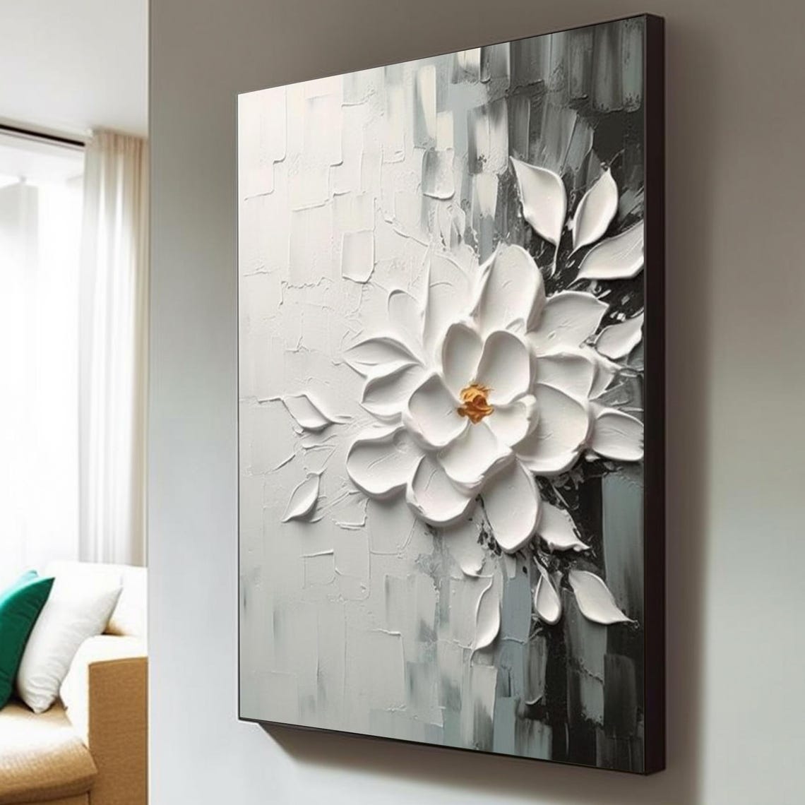 White Floral Cluster Gold Center Gray Abstract Botanical Art Poster