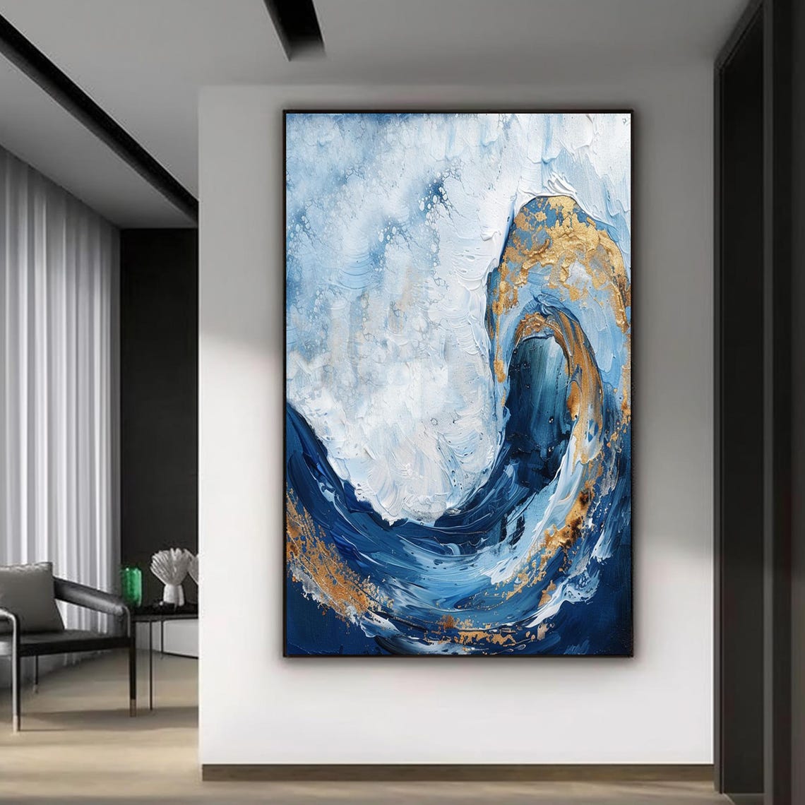 Blue Gold Ocean Wave Foam Crest Textured Abstract Seascape Art Poster