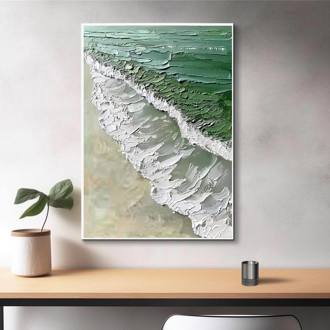 Aerial Green Coast White Foam Waves Textured Ocean Art Poster - Image 3