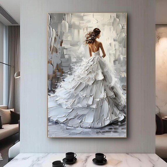 Bride in White Ruffled Gown Gray Impasto Back View Art Poster