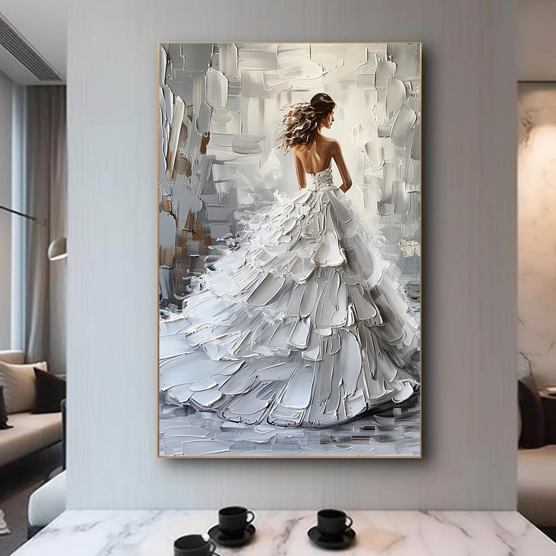 Bride in White Ruffled Gown Gray Impasto Back View Art Poster