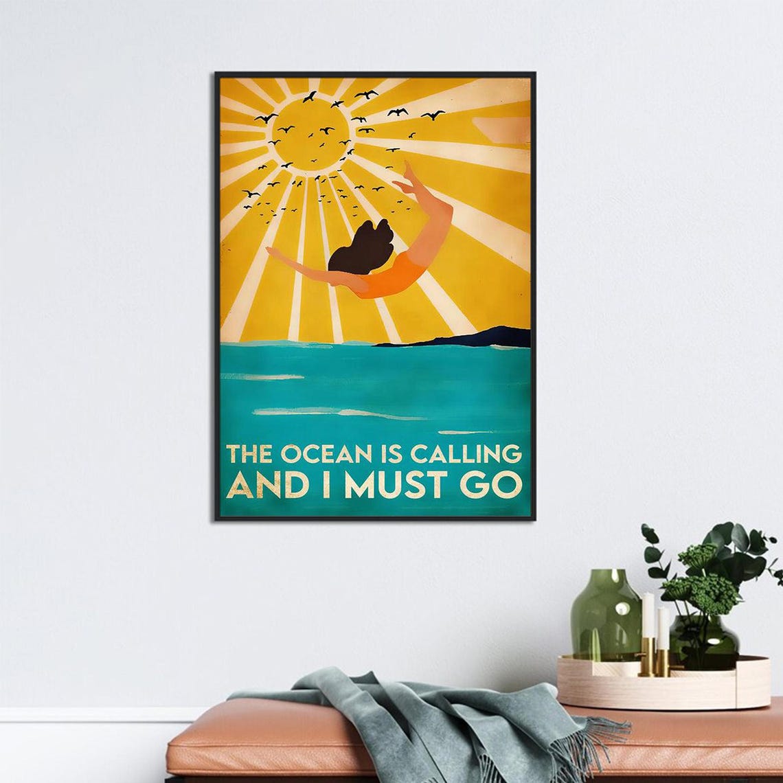 The Ocean Is Calling And I Must Go Vintage Diver Sunset Poster - Image 2