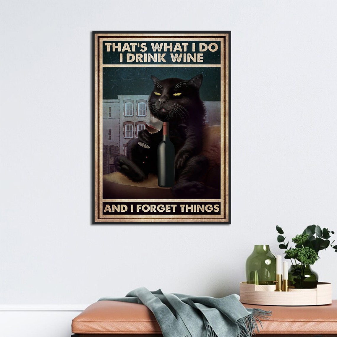 I Drink Wine And I Forget Things Black Cat Rooftop Poster Artwork - Image 3