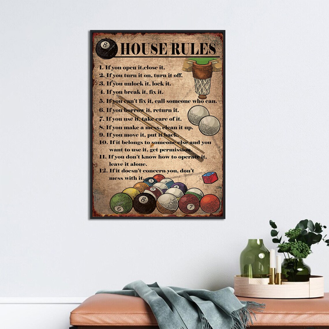 8 House Rules for Billiards, Vintage Poster Print - Image 3