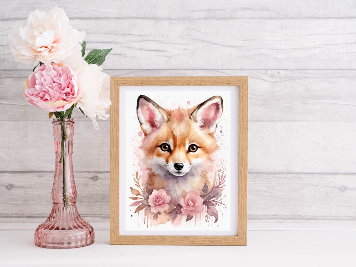 Baby Fox Portrait Pink Roses Watercolor Nursery Animal Poster - Image 2