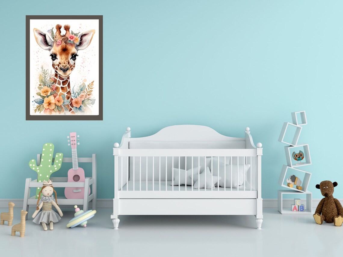 Baby Giraffe Flower Crown Watercolor Nursery Animal Art Poster - Image 2