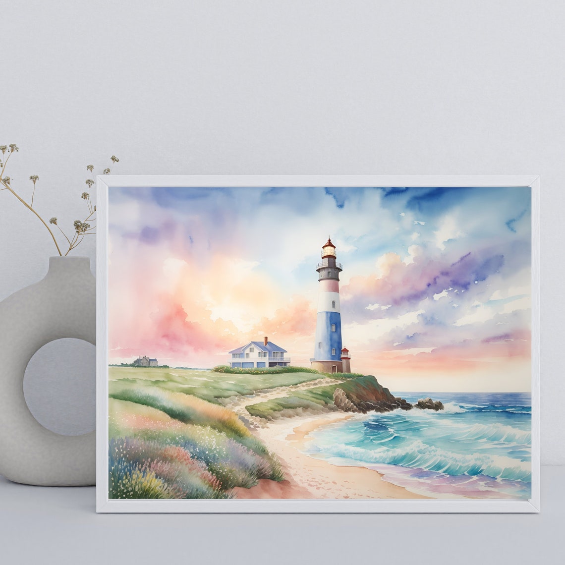 Coastal Lighthouse Cliff Sunset Watercolor Seascape Art Poster - Image 2