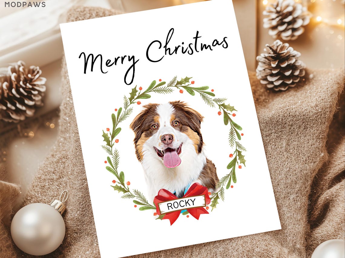 Personalized Golden Retriever Holiday Wreath Pet Christmas Card Print - Image 3