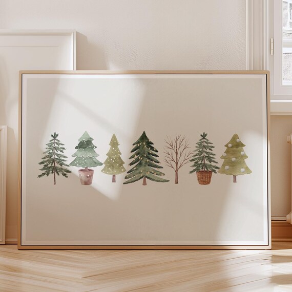 Seven Watercolor Christmas Trees Minimalist Scandinavian Holiday Poster