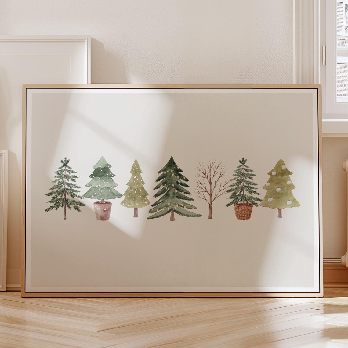 Seven Watercolor Christmas Trees Minimalist Scandinavian Holiday Poster