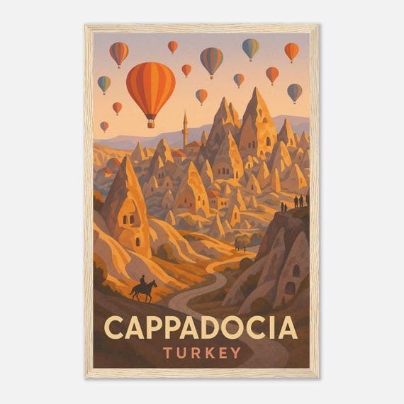 Cappadocia Travel Poster Hot Air Balloon Art Print Turkey Landscape Wall Decor Fairy Chimneys Illustration